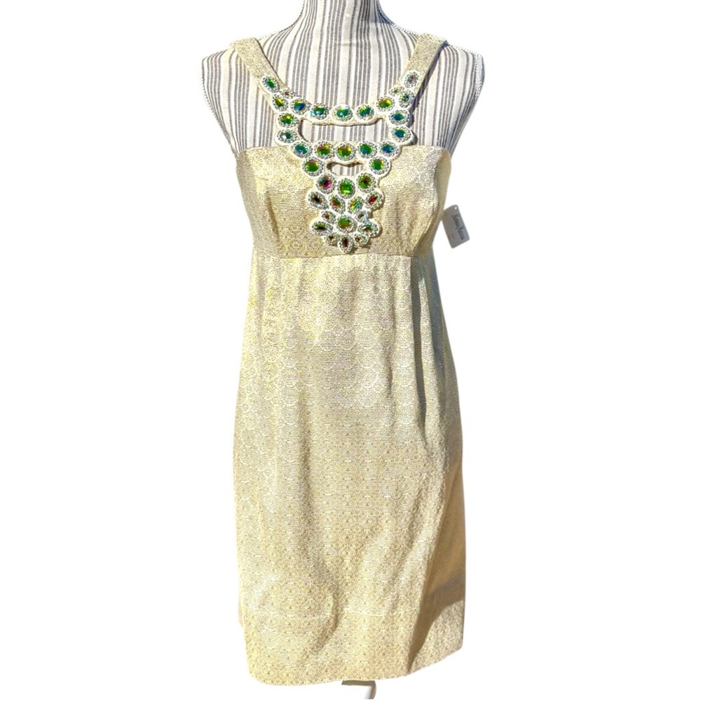 Shoshanna Jacquard Jeweled Cocktail Dress Gold Metallic Sz 4